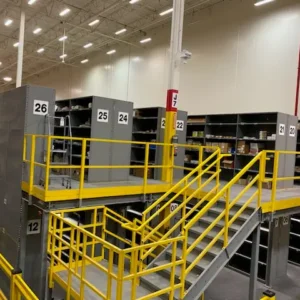 Overview of gently used mezzanine system available for sale, featuring extensive storage capacity image 1
