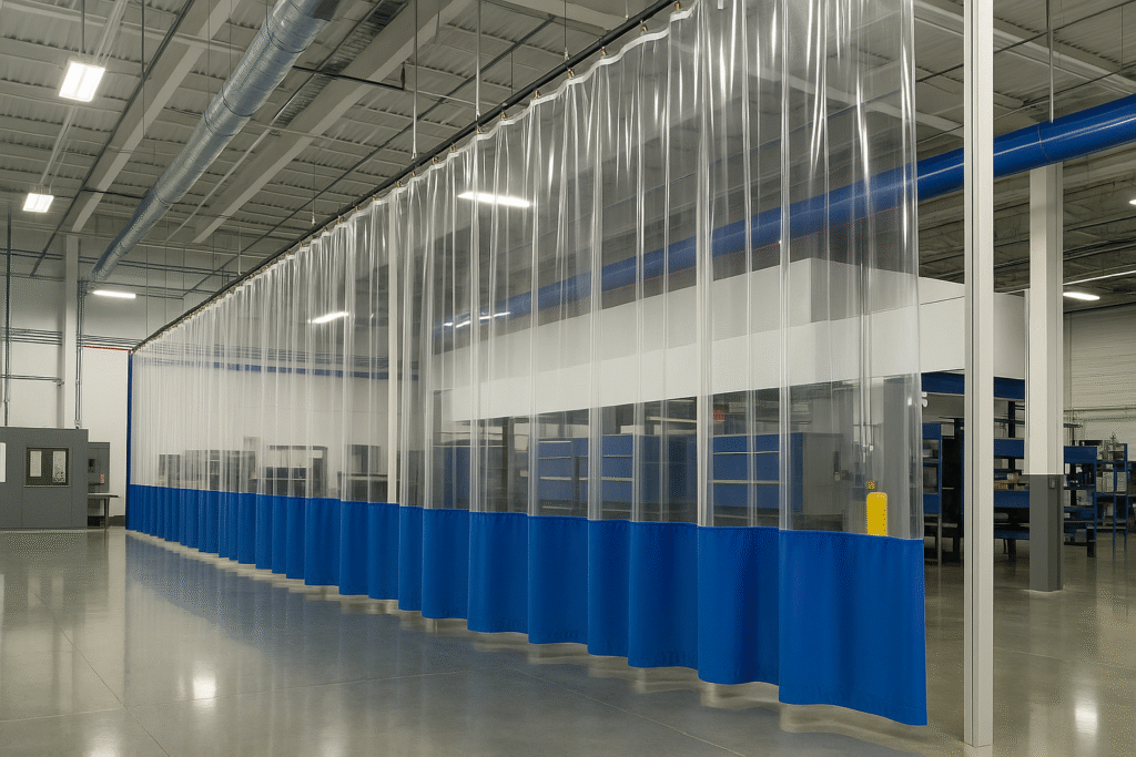 Large Curtain Divider in Warehouse Blue and Clear