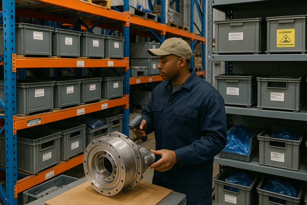 Industrial Aerospace Warehouse – Technician Scanning Precision Component
