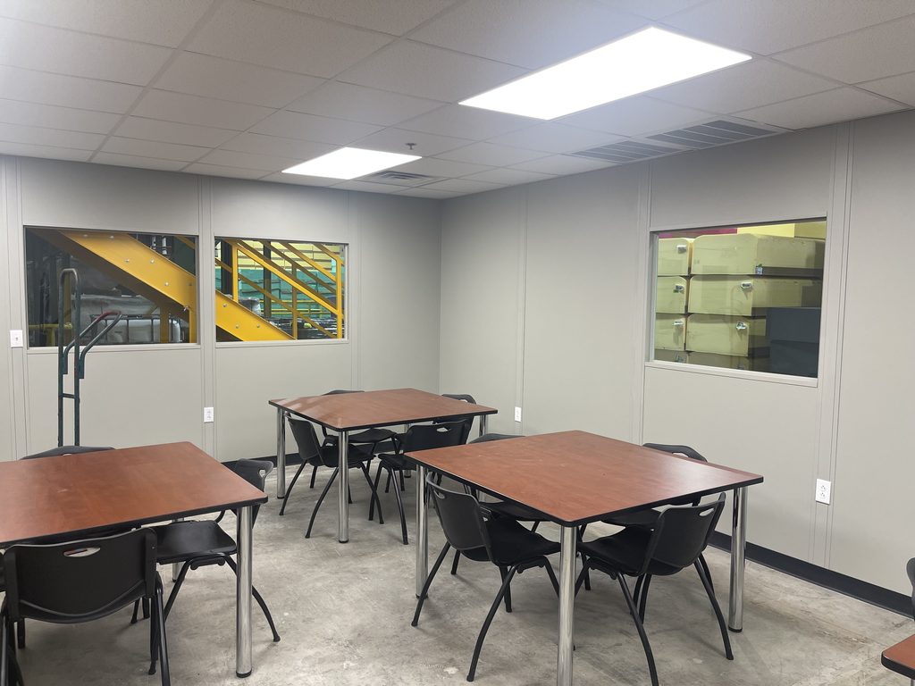 Break room in modular space with windows 
